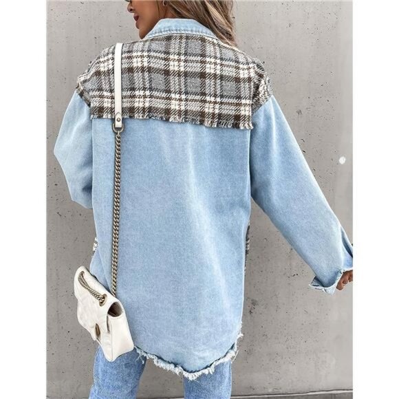 Light Wash Plaid Printed Patchwork Oversized Denim Jean‎ Shacket Jacket Top - Picture 4 of 7